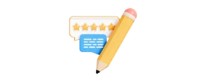 un crayon avec une représentation d'une note de 5 étoiles et un icone de conversation symbolisant la rédaction d'un avis
