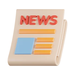 Modèle 3D d'un journal replié en 3 avec écris "NEWS" et le symbole d'un texte entourant une image pour parler d'une newsletter