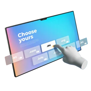 Une représentation 3 d'une main choisissant l'extension ".eu" sur un écran tactile