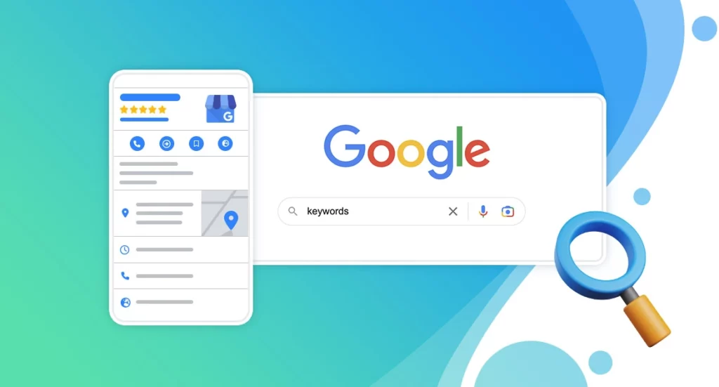 représentation d'une recherche google avec l'apparition d'une fiche d'établissement. A droite une loupe montrant l'aspect "recherche" (SEO local)
