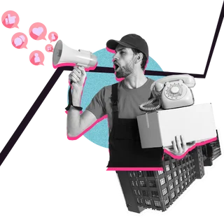 UN homme avec un haut-parleur représentant la visibilité digitale tenant un carton et un téléphone fixe dans ses mains comme pour symboliser la publicité en ligne qui booster les ventes et les appels