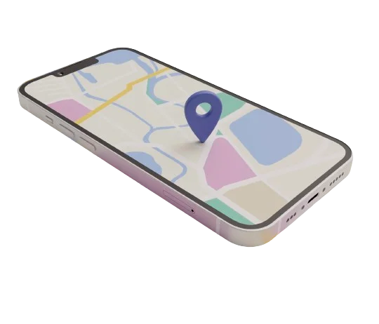 un téléphone posé avec à l'écran une carte (maps) et un ping GPS au centre indiquant une position