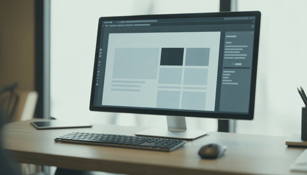 Écran d'ordinateur large montrant un design web moderne en cours, posé sur un bureau minimaliste avec clavier mécanique et souris précise, éclairage naturel doux