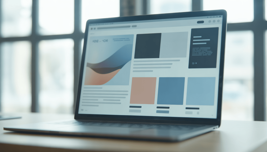 Écran d'un ordinateur portable affichant un design web moderne avec des éléments graphiques fluides et une palette de couleurs harmonieuse