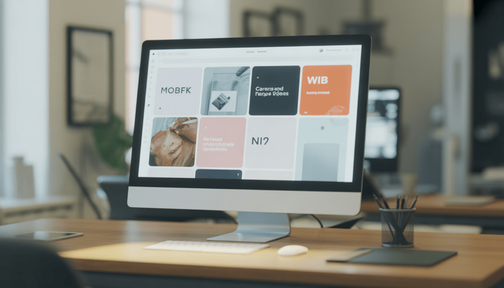 Écran d’ordinateur affichant un design web moderne avec couleurs harmonieuses et typographie soignée dans un bureau technologique lumineux