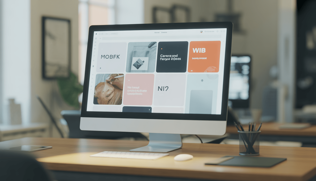 Écran d’ordinateur affichant un design web moderne avec couleurs harmonieuses et typographie soignée dans un bureau technologique lumineux