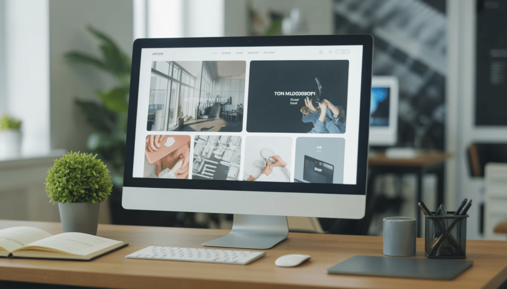 Écran d’ordinateur affichant un design web moderne, épuré avec des couleurs primaires et secondaires harmonieuses, dans un bureau d’agence digitale au décor minimaliste et lumière naturelle douce