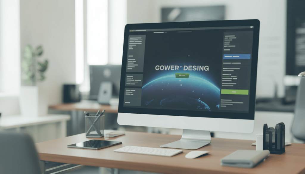 Central computer screen displaying modern web design in a minimalist desk setup with soft natural lighting and clean bright environment