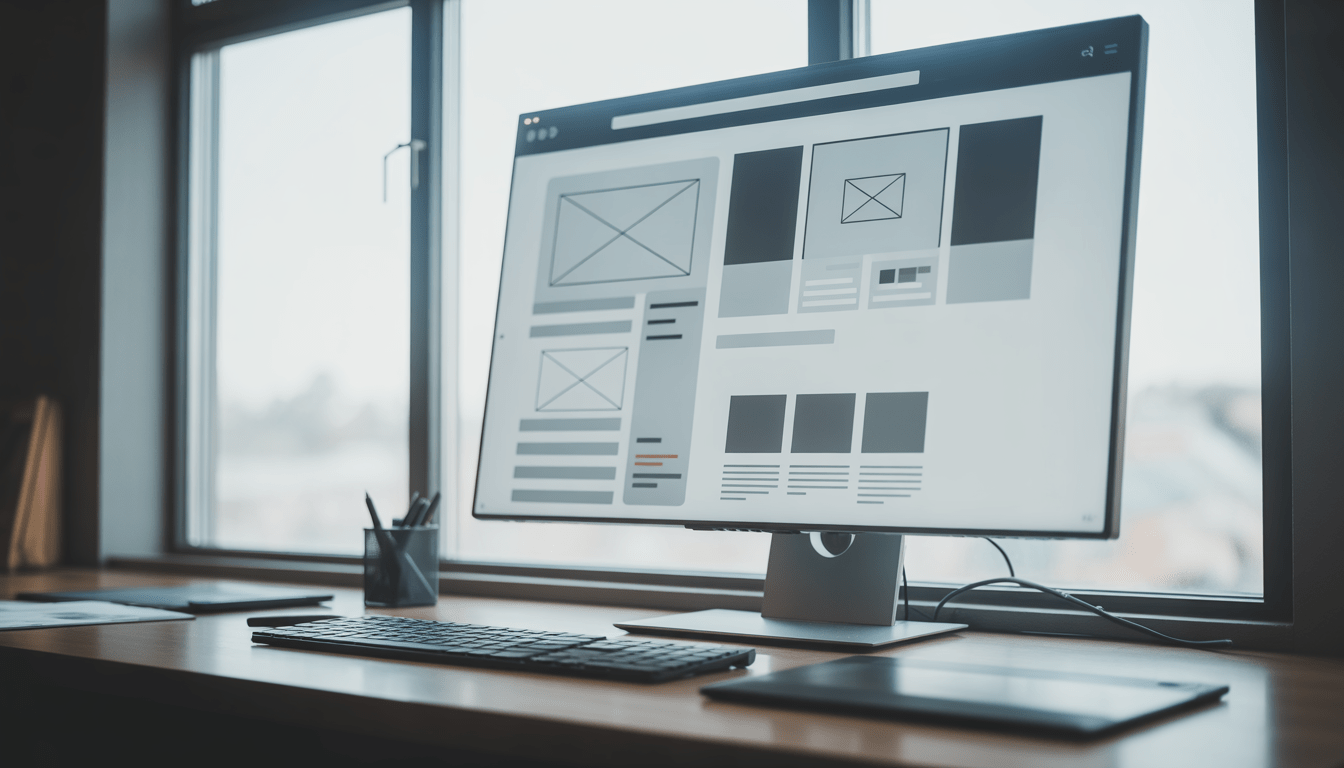 Large computer screen displaying modern web design wireframes in a clean digital agency setting with natural soft light, mechanical keyboard, and graphic tablet on a minimalist desk