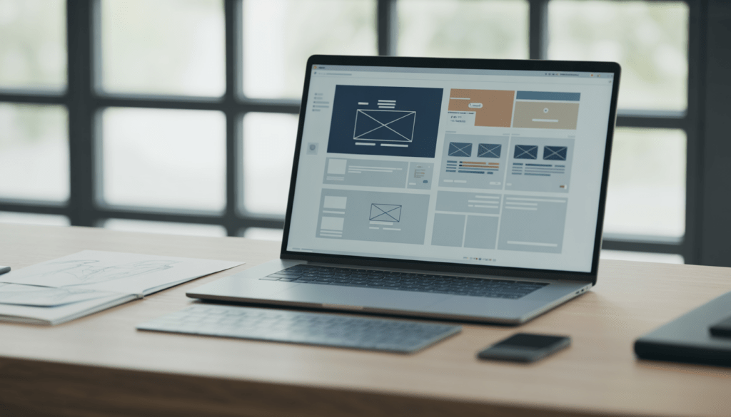 Ordinateur portable ouvert montrant un design web minimaliste avec des filaires, posé sur un bureau en bois clair avec un clavier mécanique et des croquis subtils, éclairage naturel doux traversant une grande fenêtre
