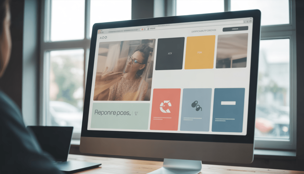 Computer screen displaying modern web design with responsive mockup, harmonious colors, elegant fonts, and minimalist graphics in a clean, well-lit office