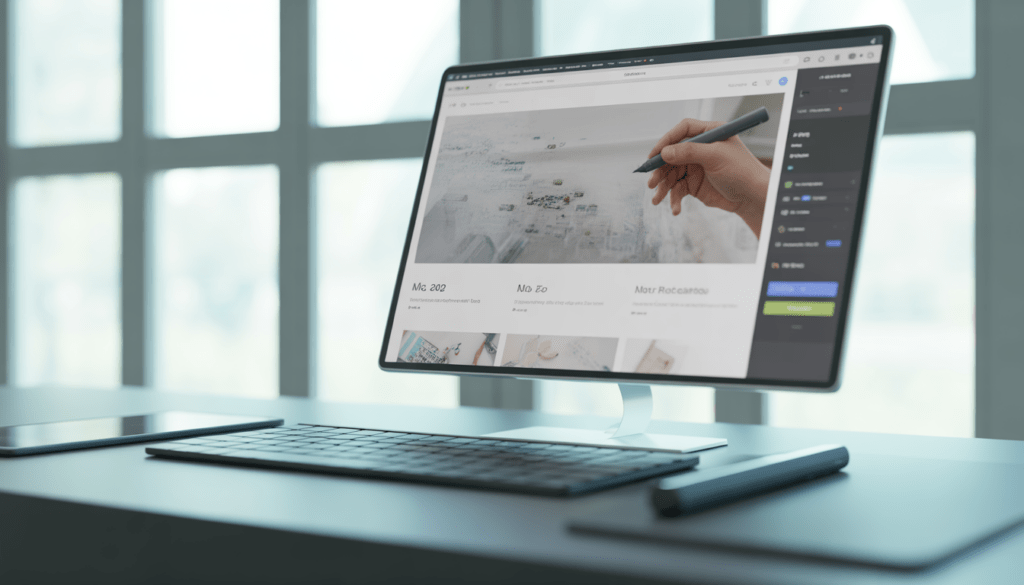 Laptop screen showing modern web design on a desk with mechanical keyboard and graphic pen in a bright, minimalist office