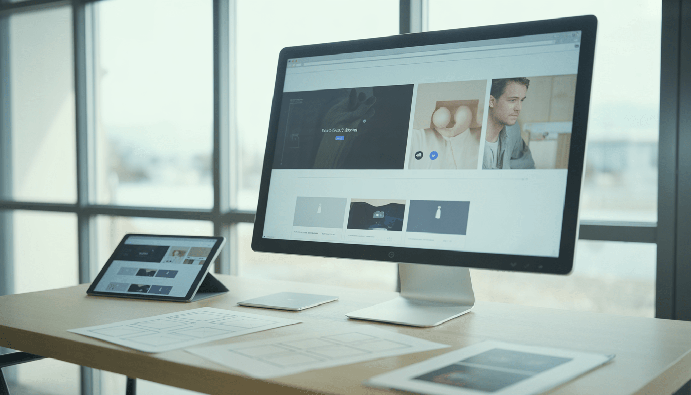 Large computer monitor showing a clean, modern web design with minimalist hero sections and subtle animations, placed on a light wood desk with wireframe sketches and a tablet displaying mockups in a bright office
