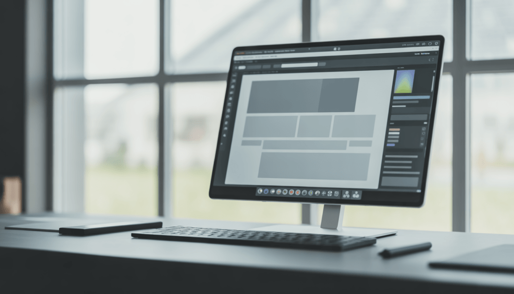 Écran d'un ordinateur portable moderne montrant un design web épuré dans un bureau minimaliste avec clavier mécanique et stylet graphique