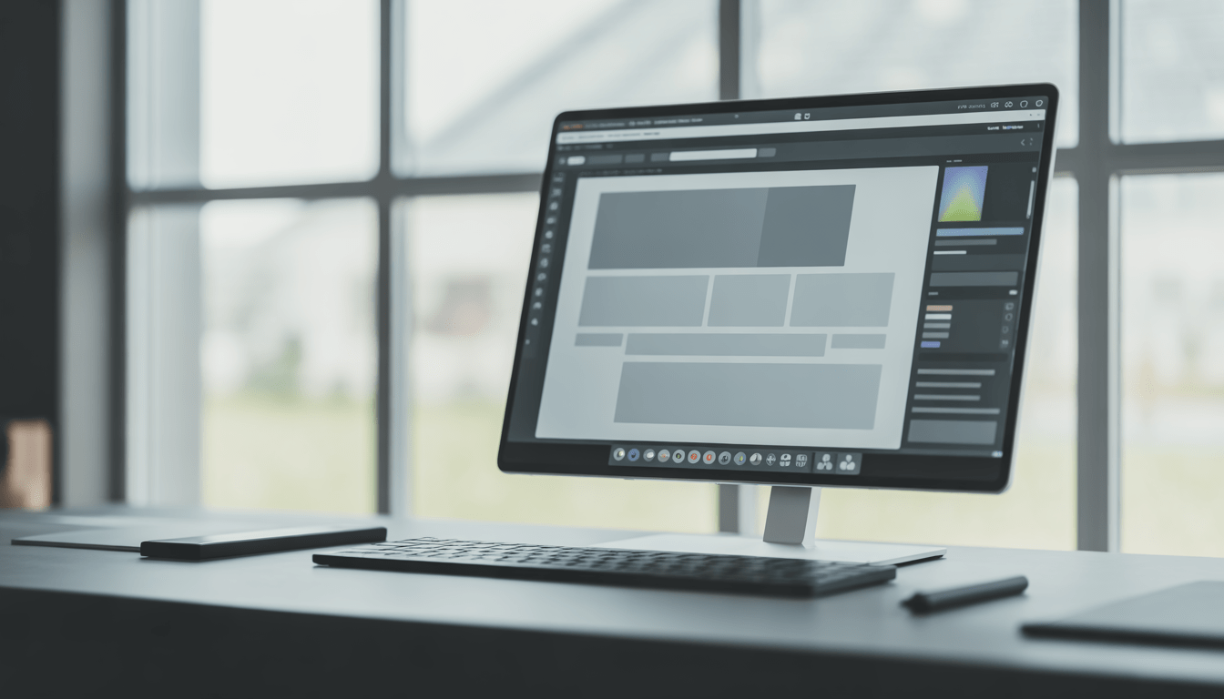 Écran d'un ordinateur portable moderne montrant un design web épuré dans un bureau minimaliste avec clavier mécanique et stylet graphique