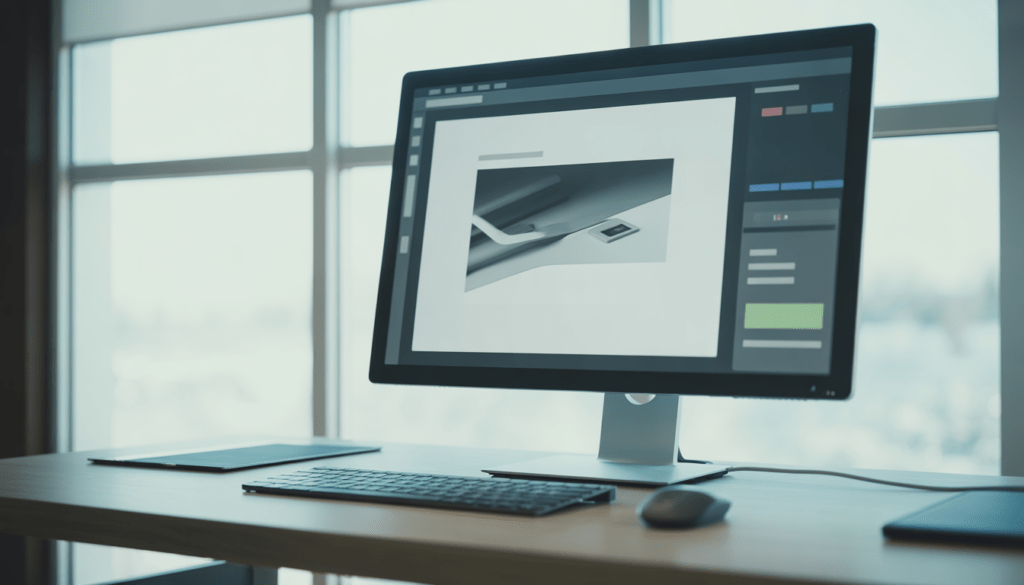Computer screen showing a sleek web design in progress on a minimalist desk with high-tech keyboard and mouse, illuminated by soft natural light