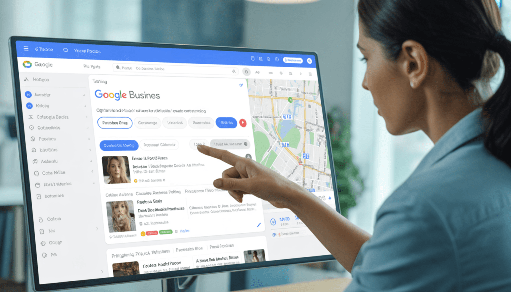 Consultant freelance analysant l'interface d'édition d'une fiche Google Business Profile sur un écran d'ordinateur moderne, avec vue Google Maps et marqueur en arrière-plan dans un bureau high-tech minimaliste