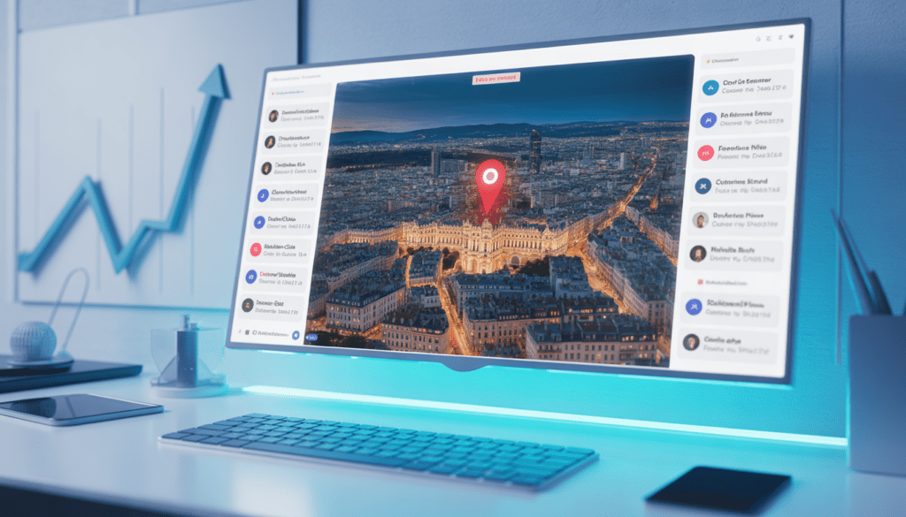 Carte interactive de Lyon affichée en gros plan sur un écran d'ordinateur moderne avec un marqueur rouge sur le centre-ville illuminé de nuit, entourée de profils d'entreprises locales optimisés, sur un bureau minimaliste éclairé par une lumière LED bleue.