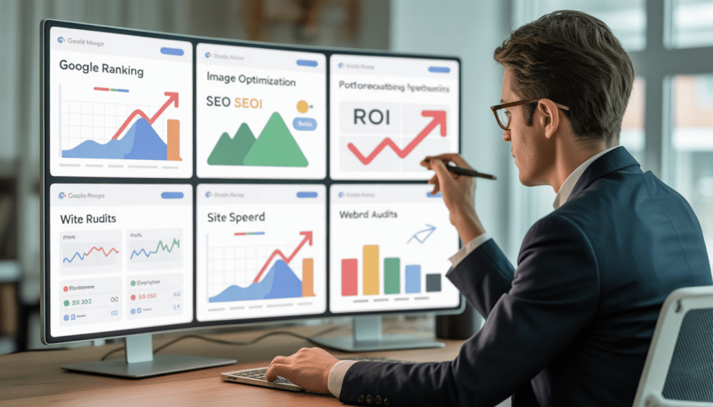 Consultant expert en marketing digital analysant plusieurs tableaux de bord SEO avec graphiques de classement Google, optimisation d'images, vitesse du site et audits web