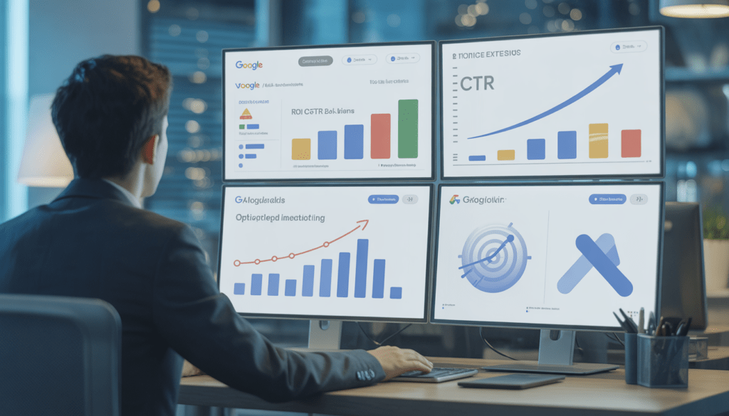 Consultant en marketing digital professionnel assis à un bureau moderne avec plusieurs écrans affichant des tableaux de bord Google Ads, graphiques de croissance ROI et courbes CTR