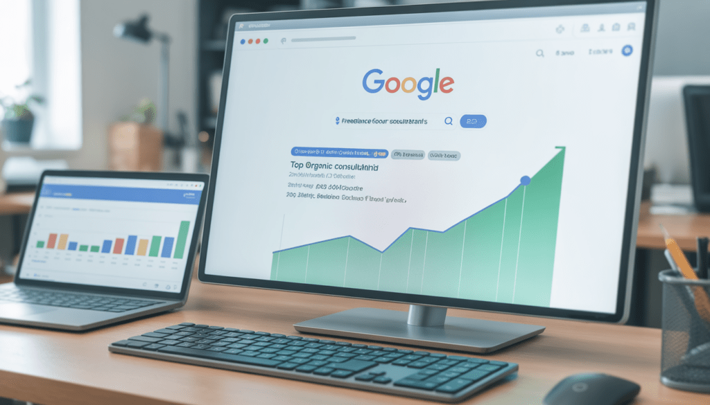 Écran d'ordinateur affichant des résultats de recherche Google avec un classement organique en tête, graphique de trafic SEO ascendant en arrière-plan sur un bureau moderne minimaliste avec clavier mécanique et outils analytiques