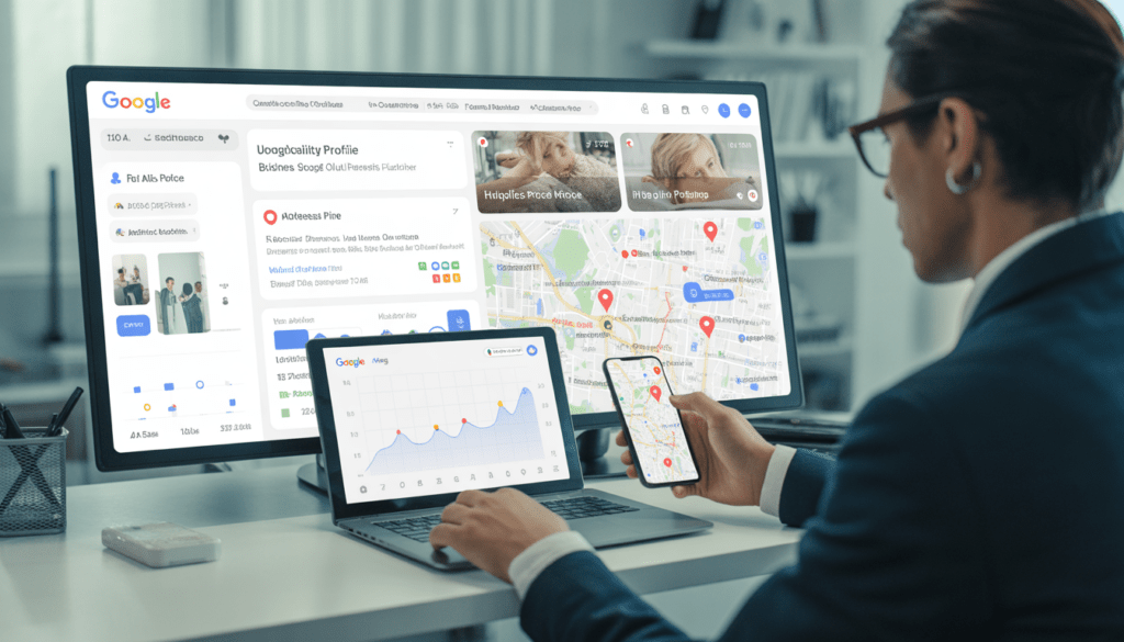 Consultant en marketing digital travaillant à un bureau moderne avec plusieurs écrans affichant un profil Google Business optimisé et une carte locale avec des épingles