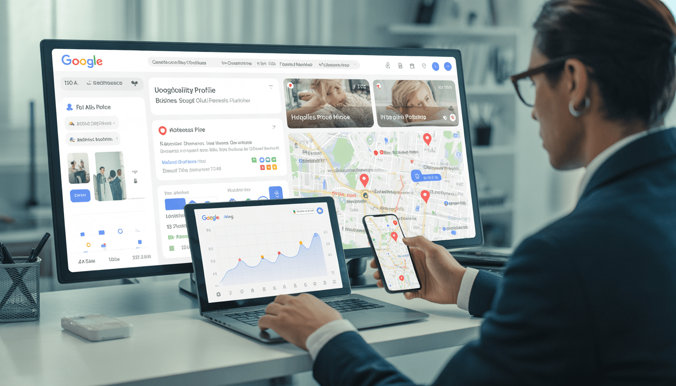 Consultant en marketing digital travaillant à un bureau moderne avec plusieurs écrans affichant un profil Google Business optimisé et une carte locale avec des épingles