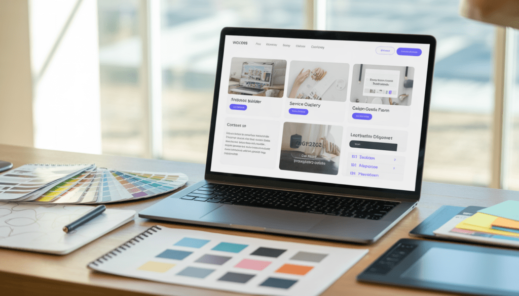 Écran d'ordinateur portable affichant une interface moderne de création site vitrine avec accueil, galerie de services et formulaire de contact, entouré d'outils de design comme palettes de couleurs et échantillons de typographie sur un bureau lumineux avec lumière naturelle