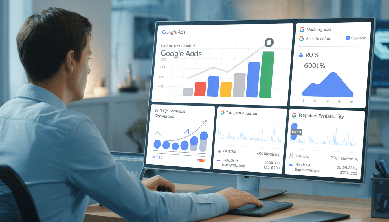 Consultant en marketing digital professionnel assis à un bureau moderne avec plusieurs écrans affichant des tableaux de bord Google Ads dynamiques montrant la croissance du ROI et ROAS.