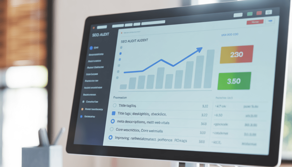 Écran d’ordinateur affichant un tableau de bord d’audit SEO avec graphiques de trafic en hausse, checklist technique incluant balises title, meta descriptions et Core Web Vitals, dans un bureau moderne avec éclairage naturel doux