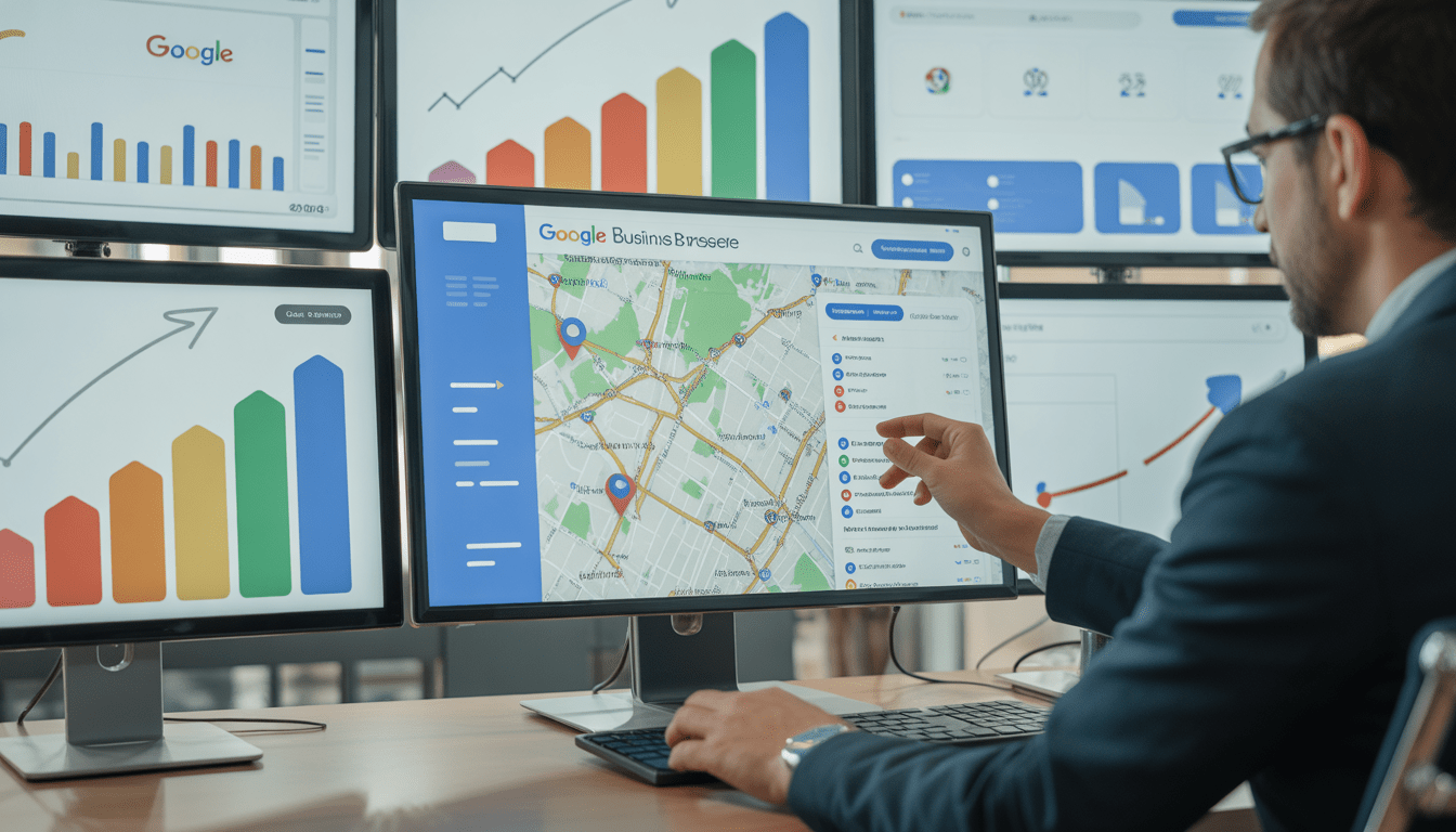 Consultant professionnel ajustant les paramètres d’un profil Google Business sur écran d’ordinateur avec carte locale et tableaux analytiques
