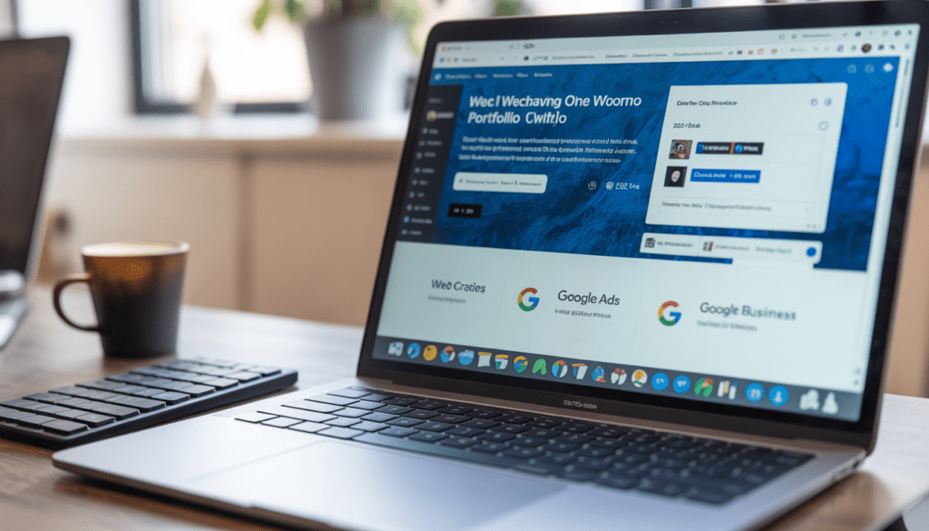 Écran d’un ordinateur portable affichant un site vitrine WordPress moderne aux tons bleus, avec un espace de travail minimaliste comprenant un clavier mécanique et une tasse de café, lumière naturelle mettant en valeur une ambiance high-tech, arrière-plan flou