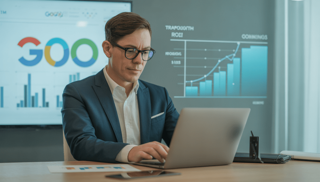 Consultant SEO freelance expérimenté analysant des tableaux de bord d'analytics sur un ordinateur portable moderne dans un bureau épuré, avec des graphiques de croissance de trafic et d'amélioration du classement Google