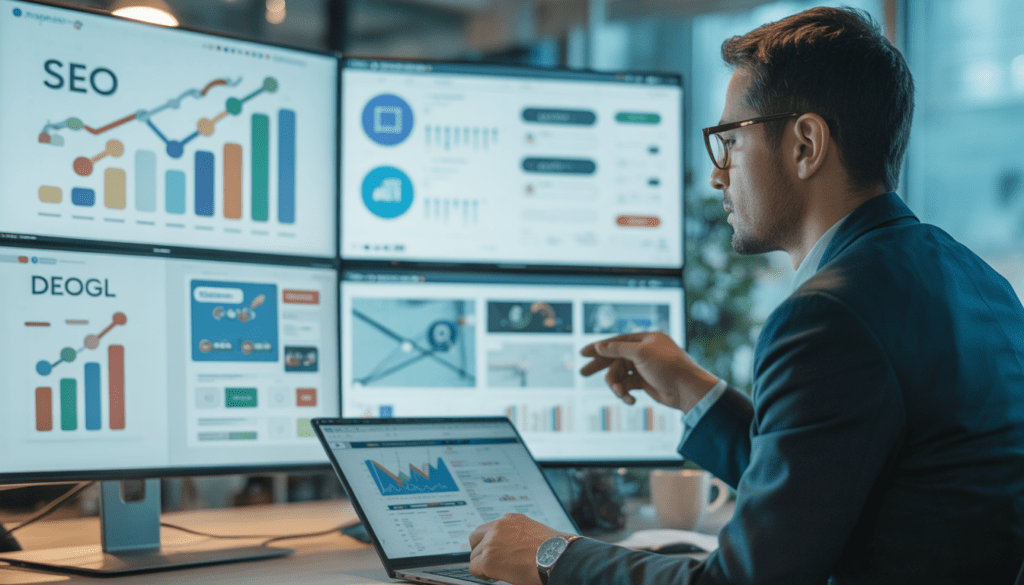 Consultant en marketing digital professionnel analysant plusieurs écrans avec graphiques de croissance SEO, campagnes Google Ads et workflows d'automatisation dans un bureau moderne lumineux