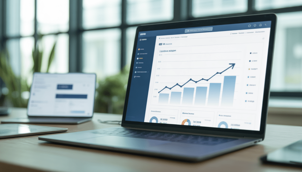 Ordinateur portable affichant un tableau de bord analytique avec graphiques de croissance ascendante dans un bureau moderne lumineux avec grandes fenêtres, écran secondaire montrant un design web propre, plantes vertes discrètes, bureau en bois minimaliste, environnement épuré