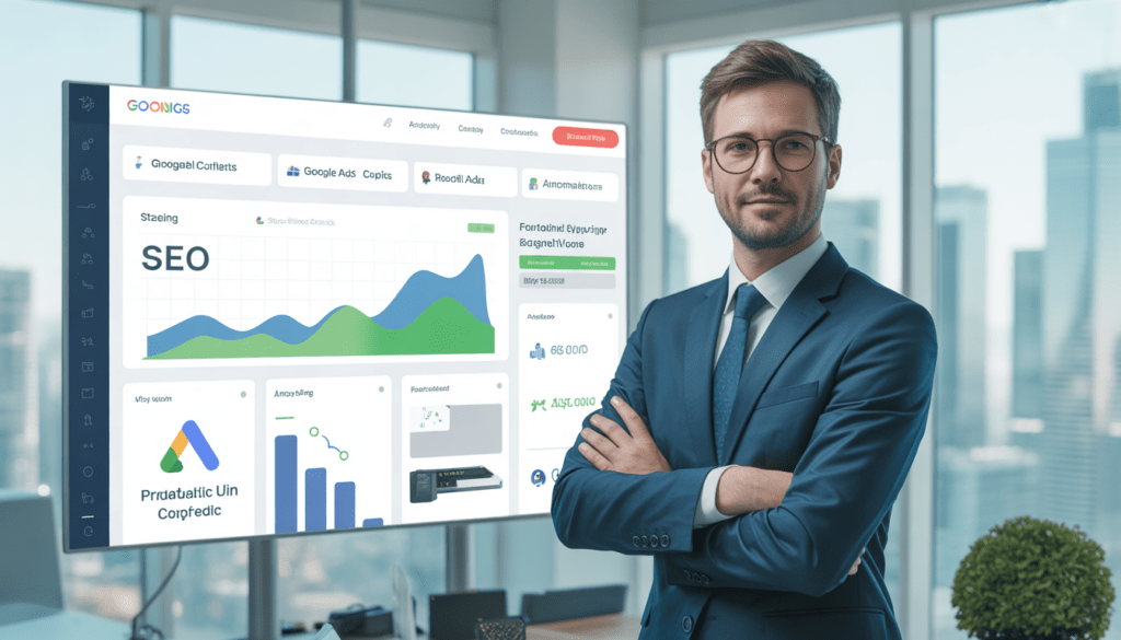 Consultant en marketing digital professionnel dans un bureau moderne avec vue sur la ville, écran affichant un tableau de bord stratégique avec graphiques de croissance SEO, campagnes Google Ads, automatisation et design de site web.