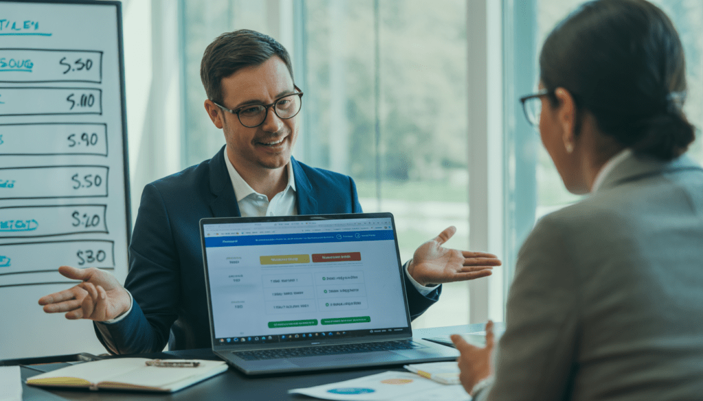 Consultant professionnel présentant une proposition détaillée de marketing digital avec tarifs visibles sur un tableau blanc dans un bureau moderne lumineux