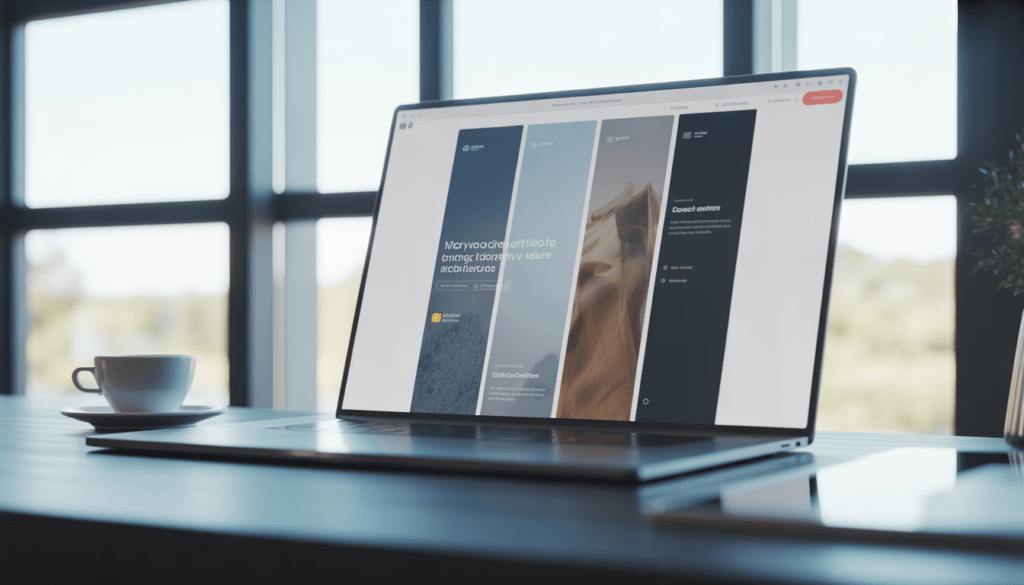 Design moderne de site one page affiché sur un écran d'ordinateur portable dans un bureau lumineux d'agence digitale avec interface éditeur visuel par glisser-déposer