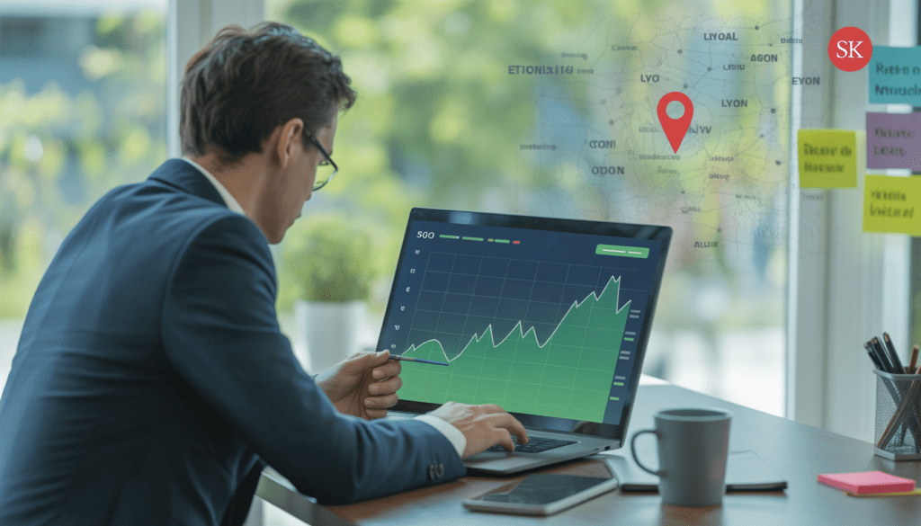 Consultant SEO analysant des graphiques de trafic ascendants sur un ordinateur portable moderne dans un bureau épuré à Lyon avec une carte locale discrète et une épingle rouge en arrière-plan