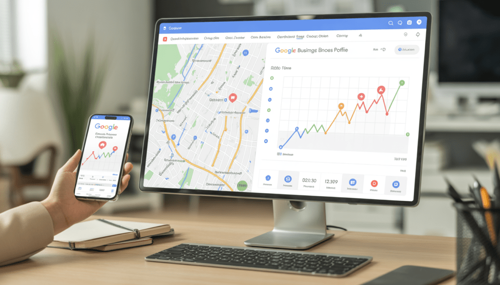 Carte locale avec des épingles et profil Google Business optimisé affiché sur écran d’ordinateur, graphiques de performance en hausse, smartphone montrant le profil sur Google Maps dans un bureau moderne