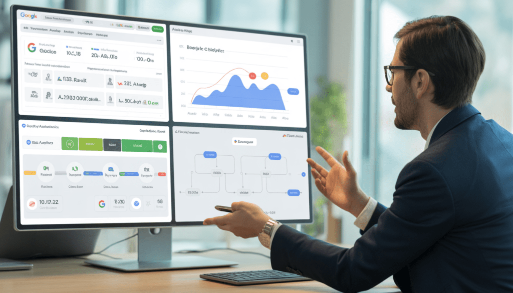 Consultant marketing digital professionnel présentant un audit stratégique à un client dans un bureau moderne lumineux avec plusieurs écrans affichant des tableaux de bord Google Analytics et des graphiques de croissance du ROI