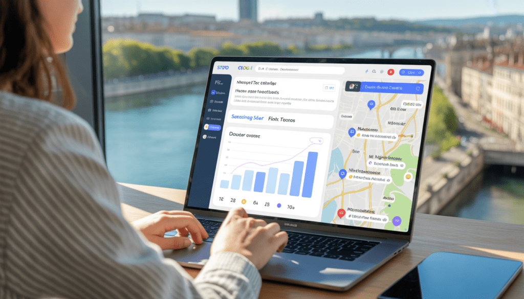 Consultant SEO freelance analysant un ordinateur portable avec graphiques de trafic en hausse et carte interactive des artisans, dans un bureau moderne lumineux avec vue sur la Saône à Lyon