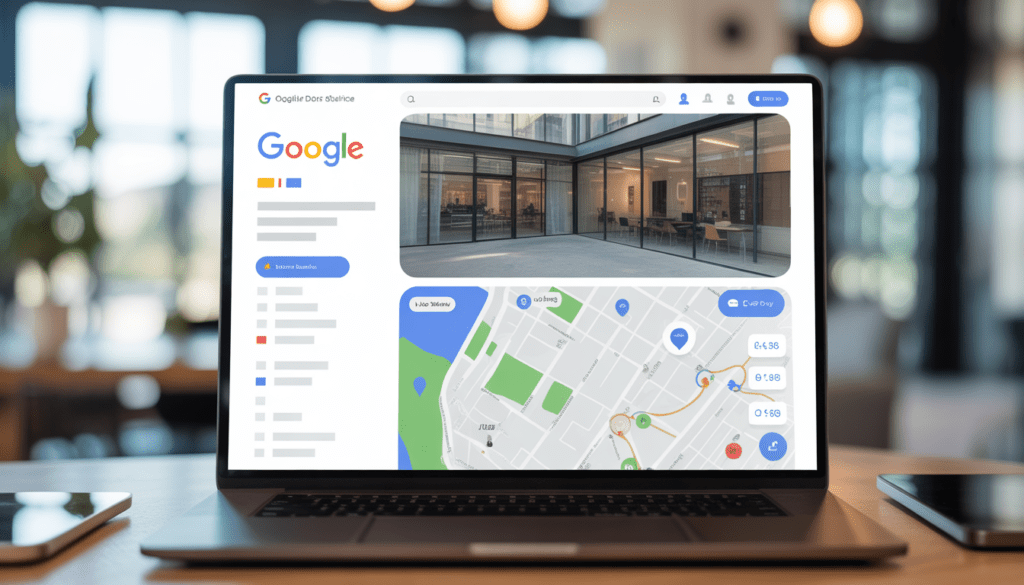 Écran d'ordinateur portable montrant une fiche d'établissement Google optimisée avec une photo de couverture nette d'un bureau moderne, une carte locale avec marqueurs de visibilité, graphiques analytiques subtils et icônes de proximité dans un environnement d'agence digitale épuré et lumineux