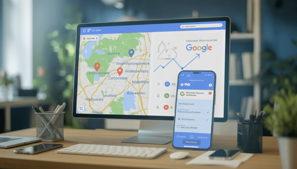 Carte locale avec repères clignotants sur grand écran, smartphone affichant recherches locales, graphiques de visibilité en hausse dans bureau moderne