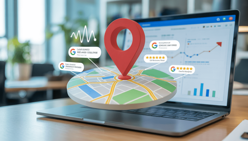 Vue détaillée de Google Maps avec un marqueur rouge indiquant un consultant local freelance, entouré de résultats de recherche locaux en hausse et d'icônes d'avis par étoiles, dans un bureau moderne éclairé naturellement avec un ordinateur portable affichant un tableau de bord Google Business Profile optimisé et des graphiques de visibilité en croissance en arrière-plan