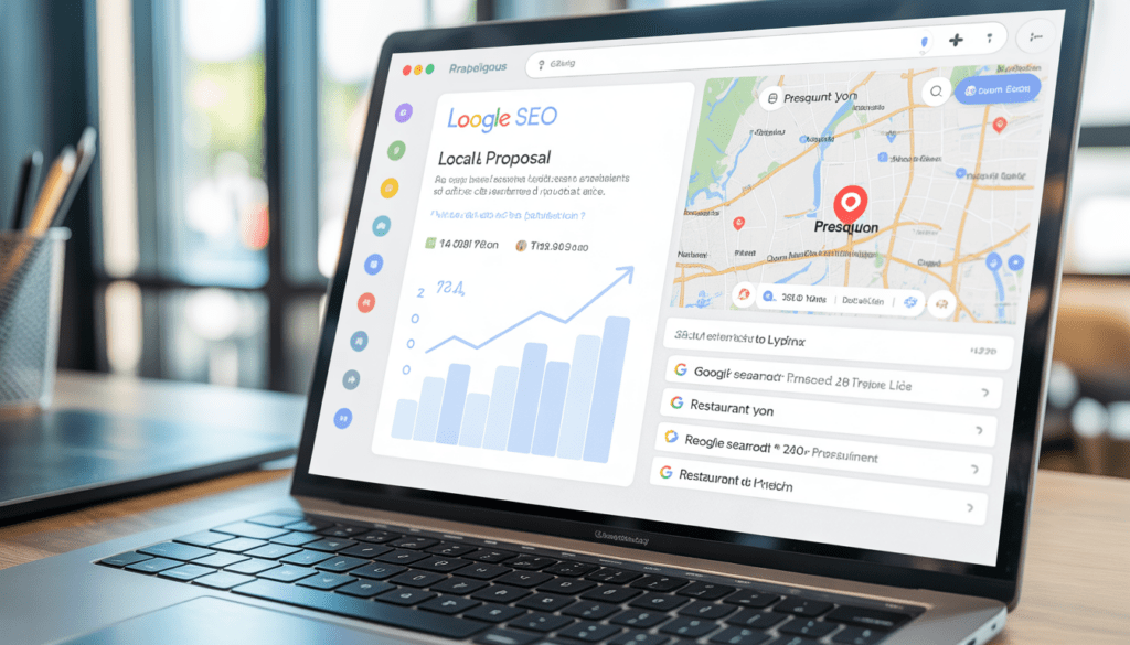 Gros plan sur un écran d'ordinateur portable affichant un devis SEO local avec des graphiques de trafic en hausse, une carte Google centrée sur Lyon avec une épingle rouge sur la Presqu’île, et les meilleurs résultats de recherche Google pour "restaurant Lyon", sur un bureau moderne avec clavier mécanique, dans un environnement lumineux et épuré.