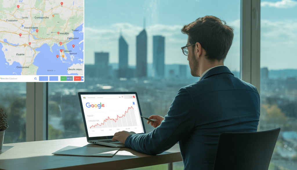 Consultant SEO freelance installé à un bureau moderne avec un ordinateur portable affichant les meilleurs résultats de recherche Google et un graphique de trafic en hausse, carte locale avec épingles clients en arrière-plan, vue sur la silhouette élégante de Lyon à travers une grande fenêtre, lumière naturelle, tons bleus et verts