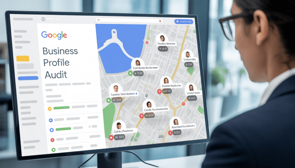 Écran d'ordinateur affichant un audit Google Business Profile avec une carte urbaine et des avis clients, fond avec éléments du paysage lyonnais dans un bureau moderne et lumineux