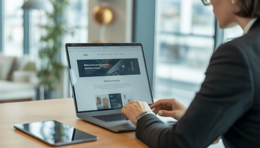 Consultant freelance travaillant dans un bureau moderne et lumineux à Lyon avec un ordinateur portable affichant une maquette de site web épurée au design contemporain