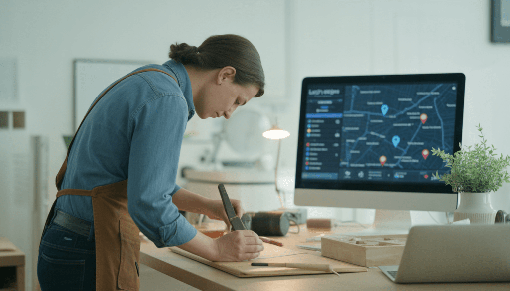 Artisan travaillant dans un atelier local à Lyon avec écran affichant une carte digitale géolocalisée et des marqueurs de présence locale, dans un environnement de bureau moderne et minimaliste éclairé par une lumière naturelle douce